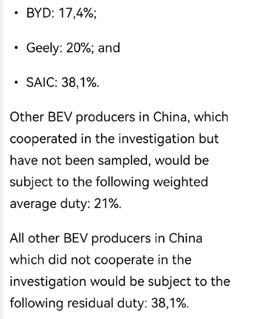 欧盟宣布拟对中国电动车加征最高38.1%的关税！比亚迪吉利上汽在列 宝马公开反对