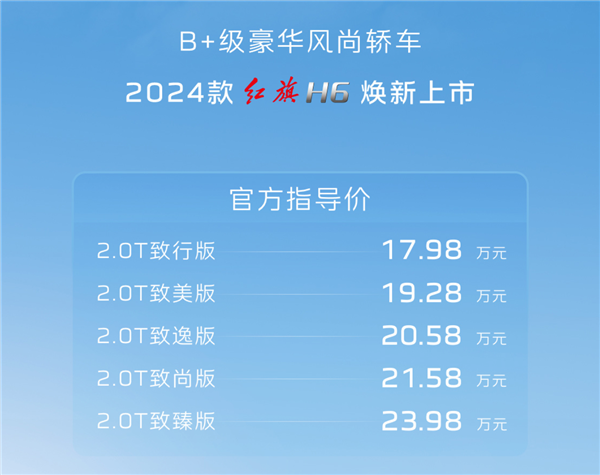 凯美瑞国产强敌！2024款红旗H6上市：17.98万元起 凯美瑞 红旗H6 第1张