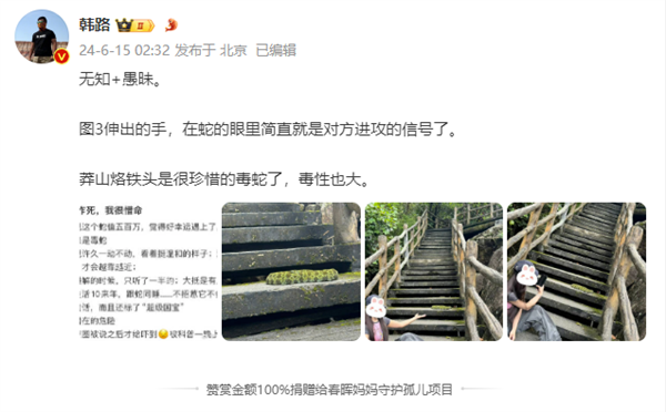 女子路遇超级国宝“莽山烙铁头”近距离合照 博主怒斥：无知又愚昧