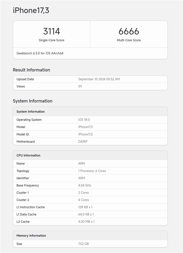 iPhone 16首发！A18跑分出炉：多核成绩不及A17 Pro 苹果刀法精准 A18跑分 第2张