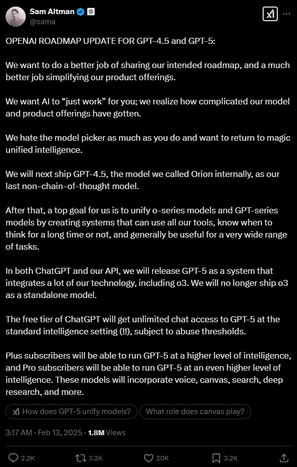 OpenAI凌晨放王炸！GPT-5即将发布 免费无限使用 OpenAI GPT-5 第1张