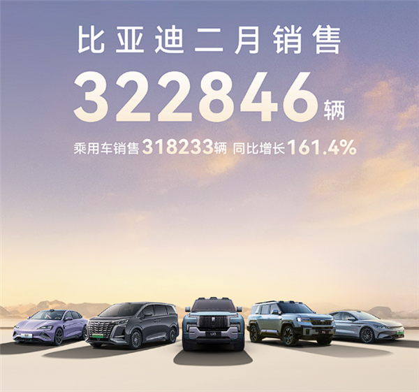 比亚迪2月卖出322846辆 ：新能源汽车累销超1120万辆 新能源汽车 第1张