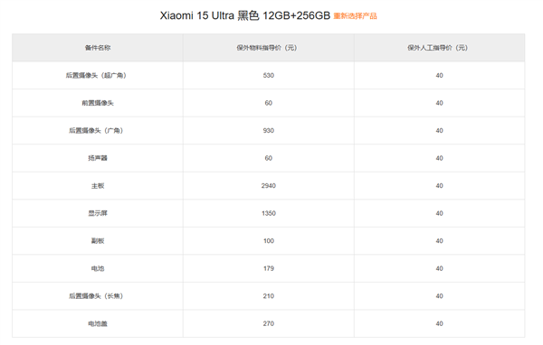 小米15 Ultra备件保外维修价格出炉：换主板最高3540元 Ultra 第1张