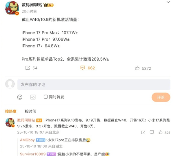 对比小米17！iPhone 17系列中国最新激活量：限制苹果是产能而非雷军 iPhone 17 第1张