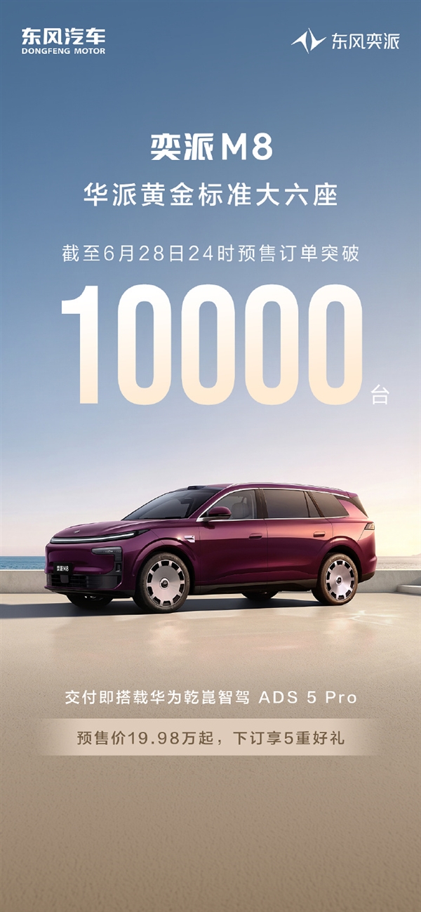 19.98万起！东风奕派M8预售订单破1万台：全系标配华为乾崑6件套 东风奕派M8 第1张