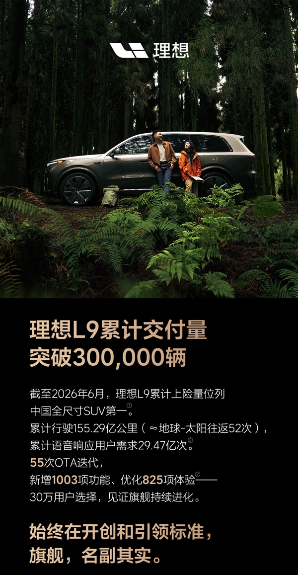 国产全尺寸新能源SUV“慈父”！理想L9累计交付突破30万辆 理想L9 第1张