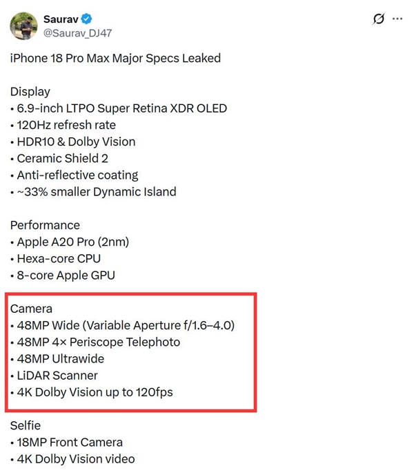 iPhone 18 Pro首次搭载可变光圈镜头:光圈参数与华为Pura 80 Pro保持一致 Pro 第2张 iPhone 18 Pro首次搭载可变光圈镜头:光圈参数与华为Pura 80 Pro保持一致 Pro 第2张