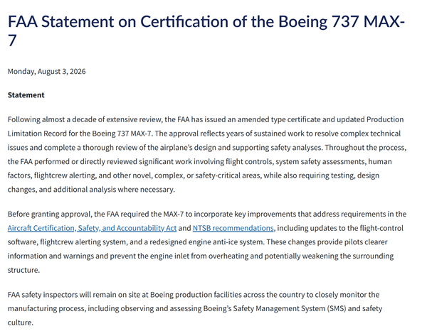 等了8年！波音737 MAX 7终于拿到FAA适航证 但产线仍有安全员监工 波音737 7 第1张