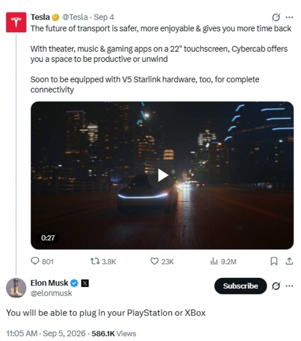 能在车里打游戏！马斯克透露：特斯拉Cybercab未来可连接PS和Xbox 特斯拉Cybercab 第2张