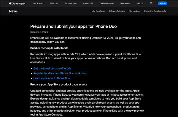 iPhone Duo发售在即！苹果开放适配应用提交：2027年4月起有新要求 Duo 第1张